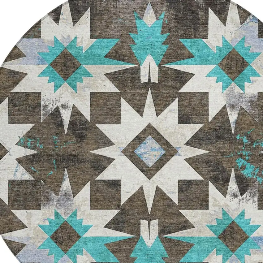 8' Brown And Teal Blue Round Aztec Washable Indoor Outdoor Area Rug Photo 4