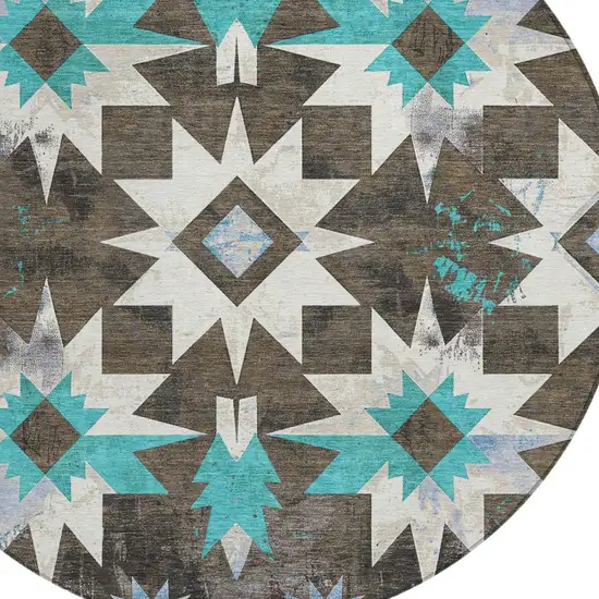 8' Brown And Teal Blue Round Aztec Washable Indoor Outdoor Area Rug Photo 8