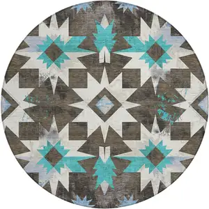 Photo of 8' Brown And Teal Blue Round Aztec Washable Indoor Outdoor Area Rug