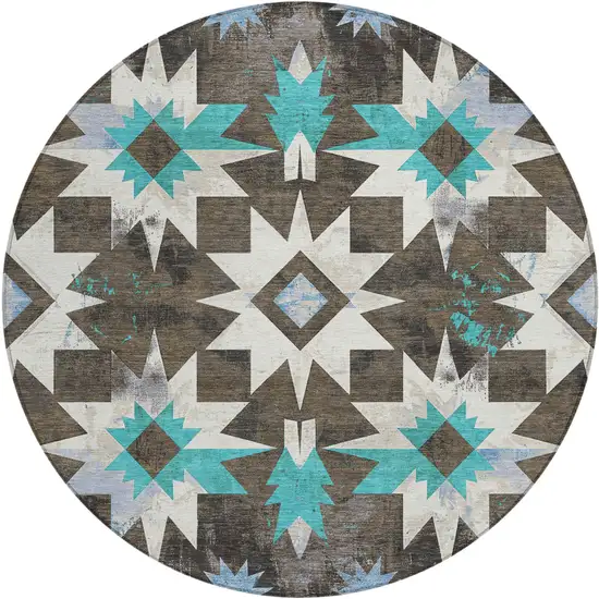 8' Brown And Teal Blue Round Aztec Washable Indoor Outdoor Area Rug Photo 1
