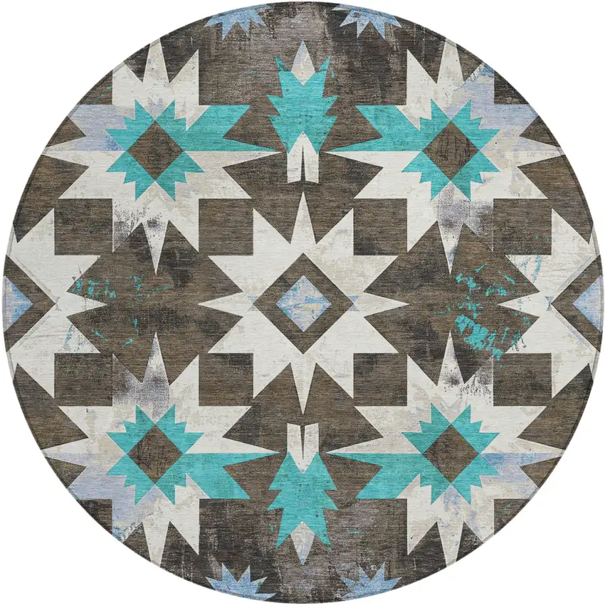 8' Brown And Teal Blue Round Aztec Washable Indoor Outdoor Area Rug Photo 1