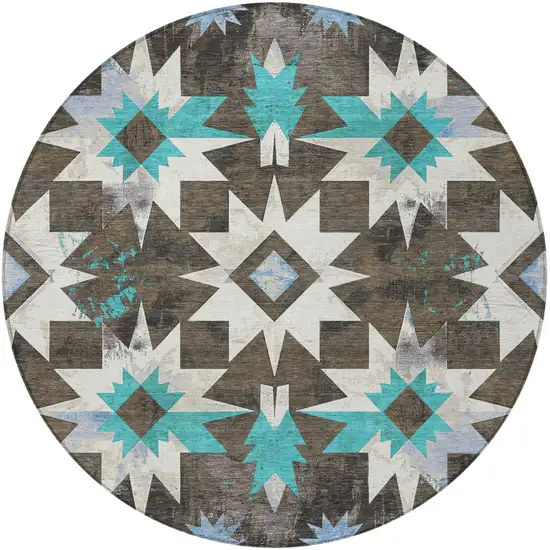 8' Brown And Teal Blue Round Aztec Washable Indoor Outdoor Area Rug Photo 3