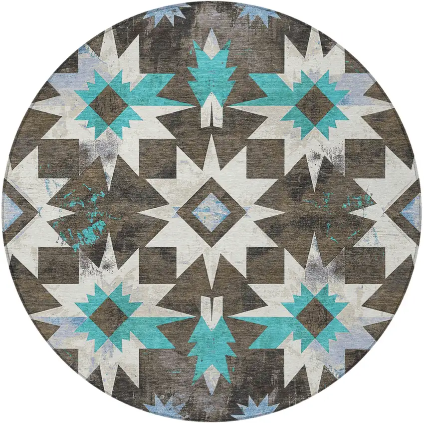 8' Brown And Teal Blue Round Aztec Washable Indoor Outdoor Area Rug Photo 3