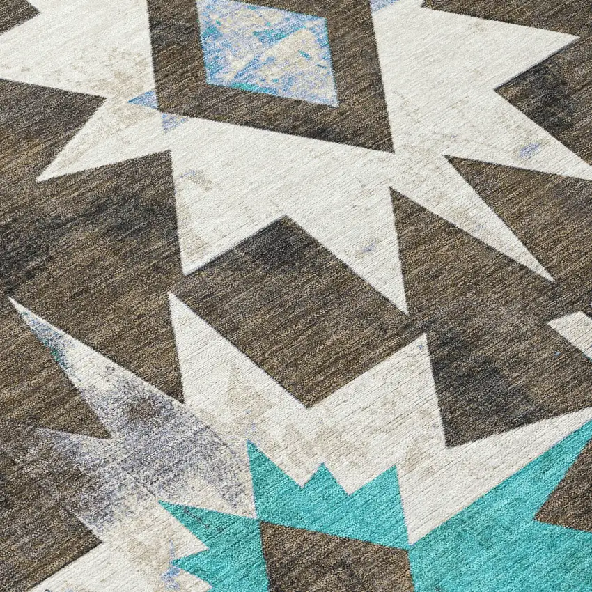 8' Brown And Teal Blue Round Aztec Washable Indoor Outdoor Area Rug Photo 9