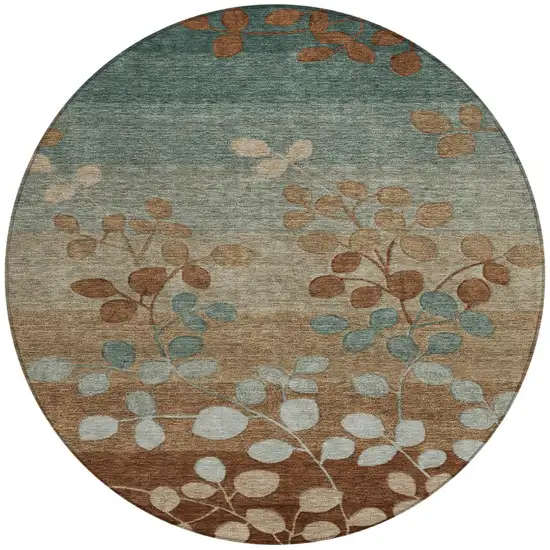 8' Brown And Teal Blue Round Floral Washable Indoor Outdoor Area Rug Photo 3