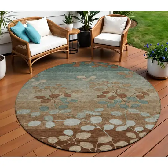 8' Brown And Teal Blue Round Floral Washable Indoor Outdoor Area Rug Photo 2