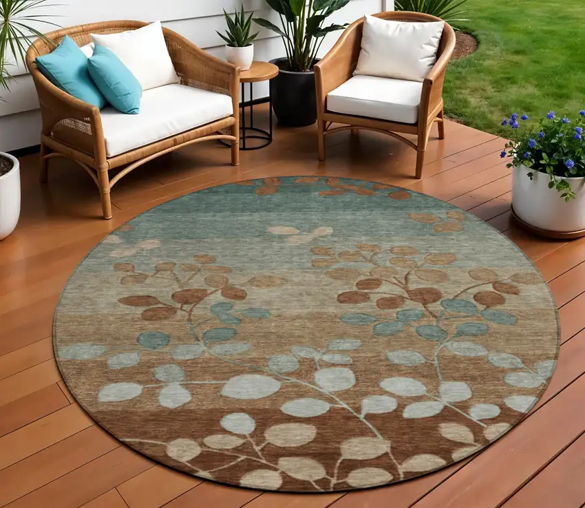 8' Brown And Teal Blue Round Floral Washable Indoor Outdoor Area Rug Photo 2