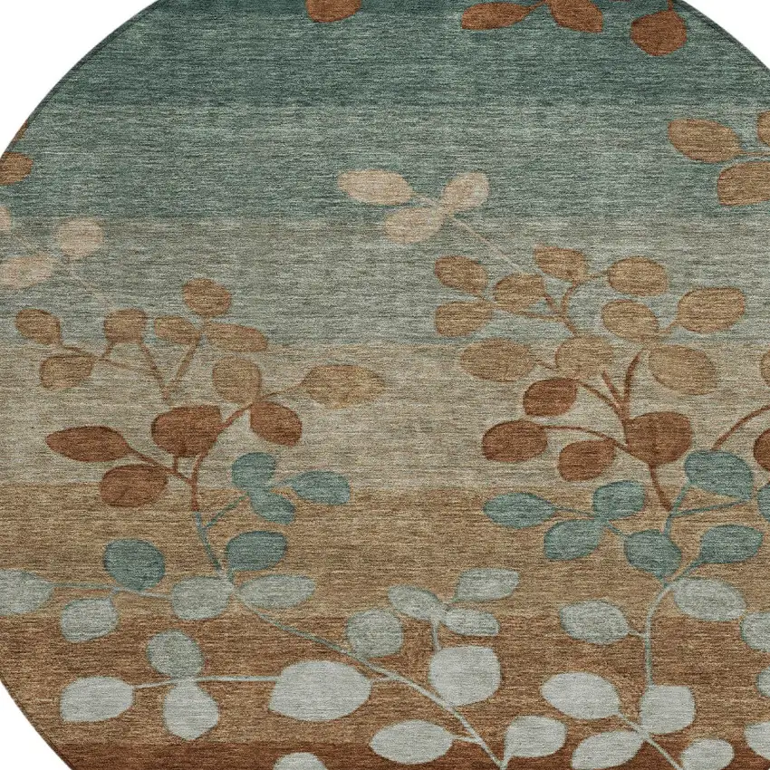 8' Brown And Teal Blue Round Floral Washable Indoor Outdoor Area Rug Photo 8