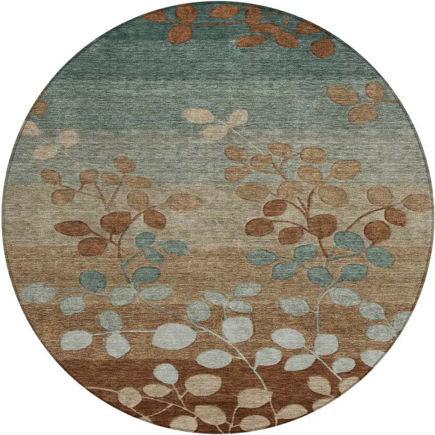 8' Brown And Teal Blue Round Floral Washable Indoor Outdoor Area Rug Photo 1