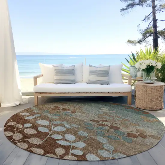 8' Brown And Teal Blue Round Floral Washable Indoor Outdoor Area Rug Photo 6