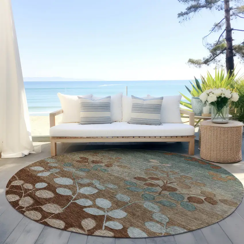 8' Brown And Teal Blue Round Floral Washable Indoor Outdoor Area Rug Photo 6