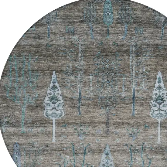 8' Brown And Teal Blue Round Floral Washable Indoor Outdoor Area Rug Photo 8
