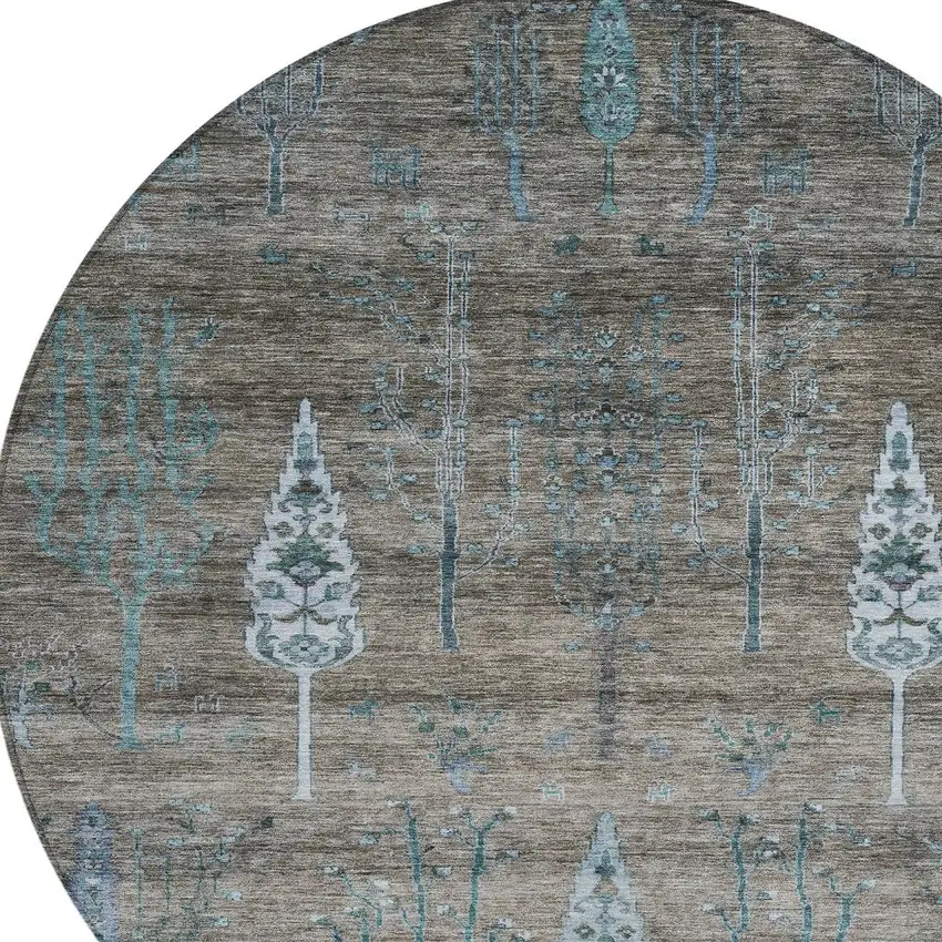 8' Brown And Teal Blue Round Floral Washable Indoor Outdoor Area Rug Photo 8