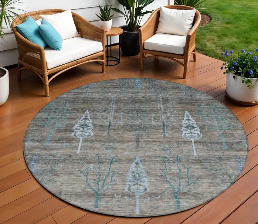 8' Brown And Teal Blue Round Floral Washable Indoor Outdoor Area Rug Photo 2
