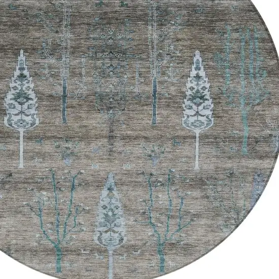 8' Brown And Teal Blue Round Floral Washable Indoor Outdoor Area Rug Photo 4