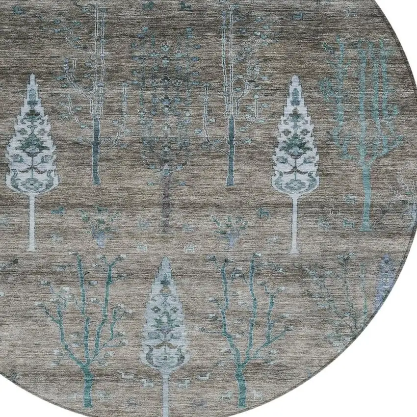 8' Brown And Teal Blue Round Floral Washable Indoor Outdoor Area Rug Photo 4