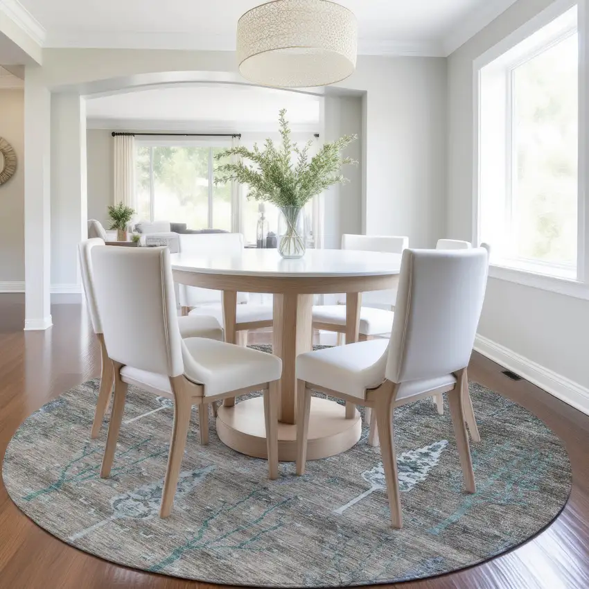 8' Brown And Teal Blue Round Floral Washable Indoor Outdoor Area Rug Photo 6