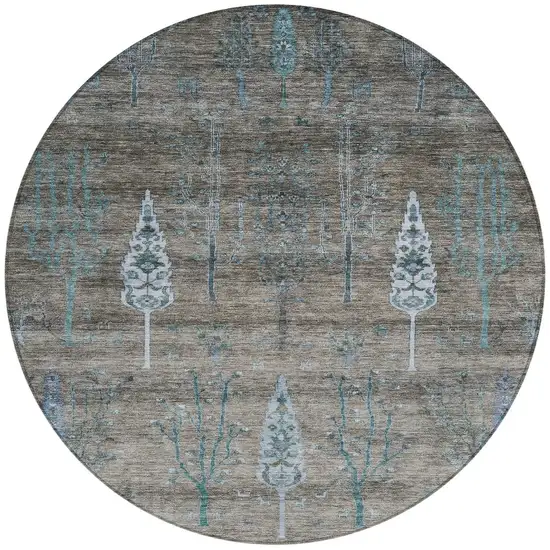 8' Brown And Teal Blue Round Floral Washable Indoor Outdoor Area Rug Photo 3