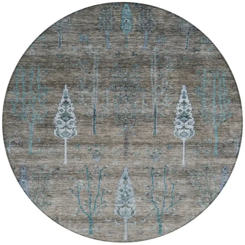 8' Brown And Teal Blue Round Floral Washable Indoor Outdoor Area Rug Photo 3