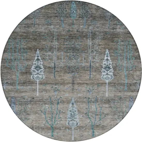 8' Brown And Teal Blue Round Floral Washable Indoor Outdoor Area Rug Photo 1