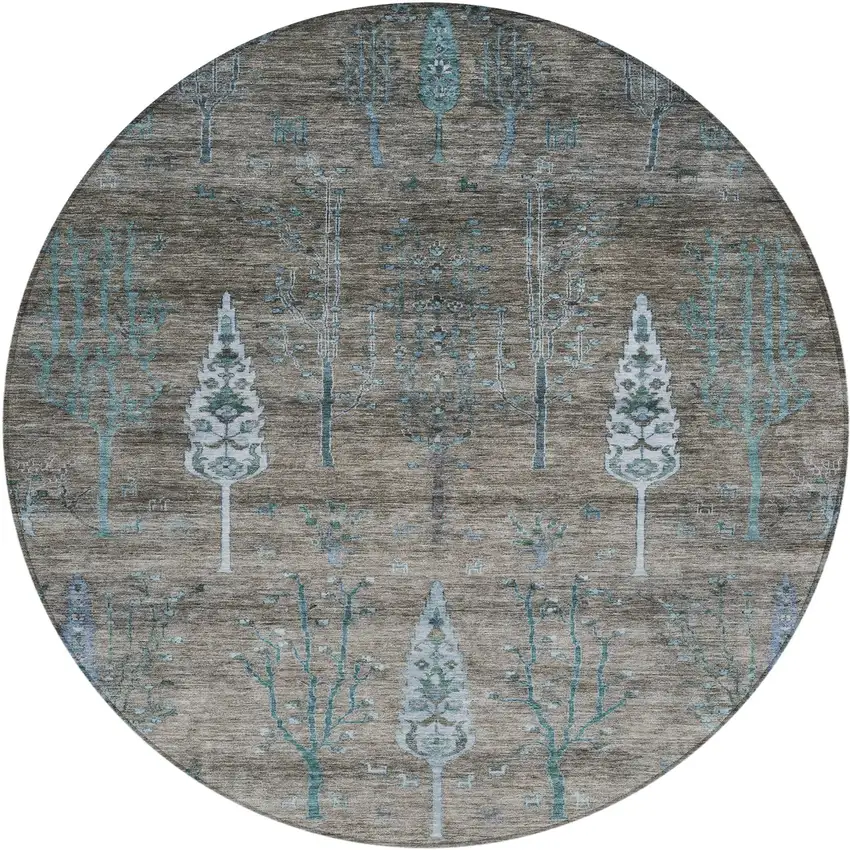 8' Brown And Teal Blue Round Floral Washable Indoor Outdoor Area Rug Photo 1