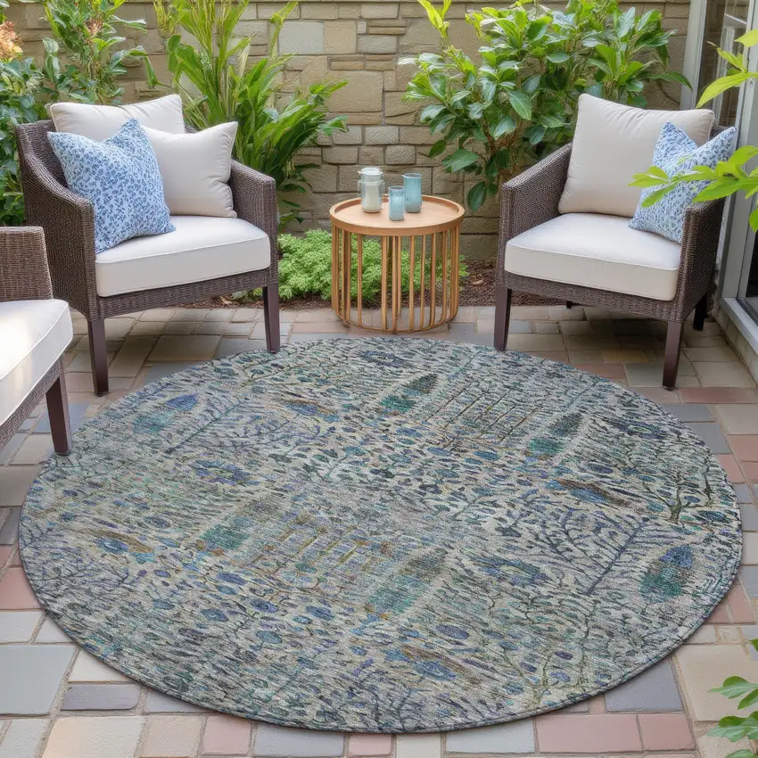 8' Brown And Teal Blue Round Floral Washable Indoor Outdoor Area Rug Photo 5