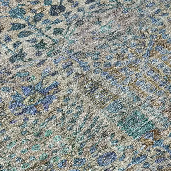 8' Brown And Teal Blue Round Floral Washable Indoor Outdoor Area Rug Photo 8