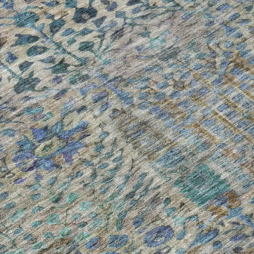 8' Brown And Teal Blue Round Floral Washable Indoor Outdoor Area Rug Photo 8