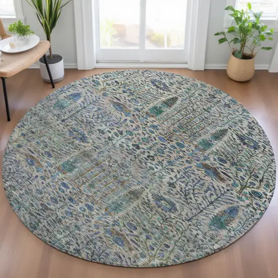 8' Brown And Teal Blue Round Floral Washable Indoor Outdoor Area Rug Photo 6