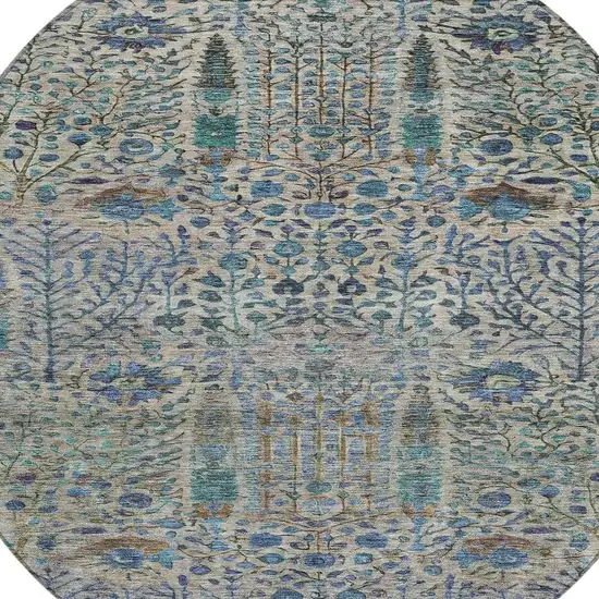 8' Brown And Teal Blue Round Floral Washable Indoor Outdoor Area Rug Photo 9