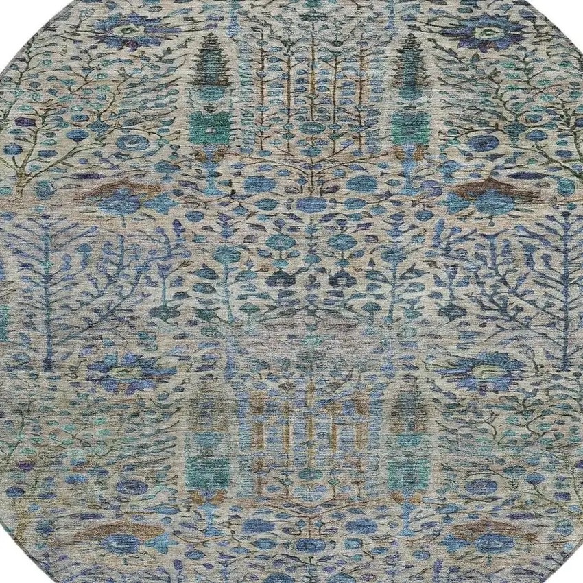8' Brown And Teal Blue Round Floral Washable Indoor Outdoor Area Rug Photo 9