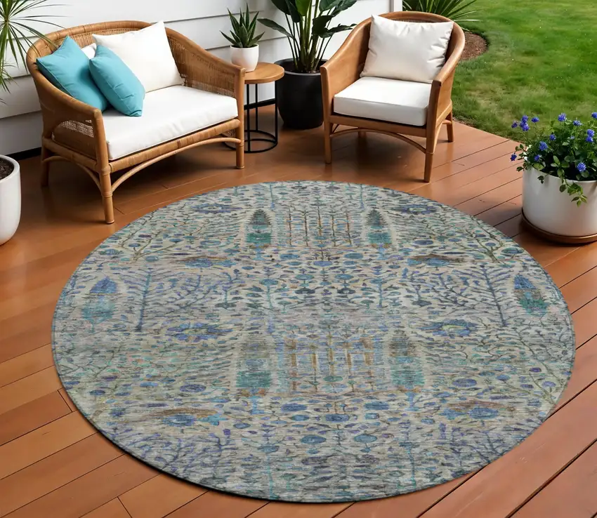 8' Brown And Teal Blue Round Floral Washable Indoor Outdoor Area Rug Photo 2