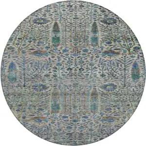Photo of 8' Brown And Teal Blue Round Floral Washable Indoor Outdoor Area Rug