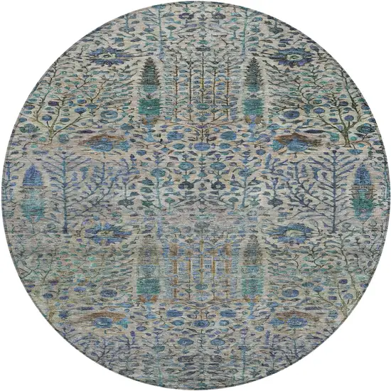 8' Brown And Teal Blue Round Floral Washable Indoor Outdoor Area Rug Photo 1