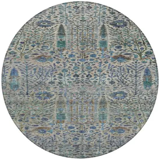 8' Brown And Teal Blue Round Floral Washable Indoor Outdoor Area Rug Photo 3