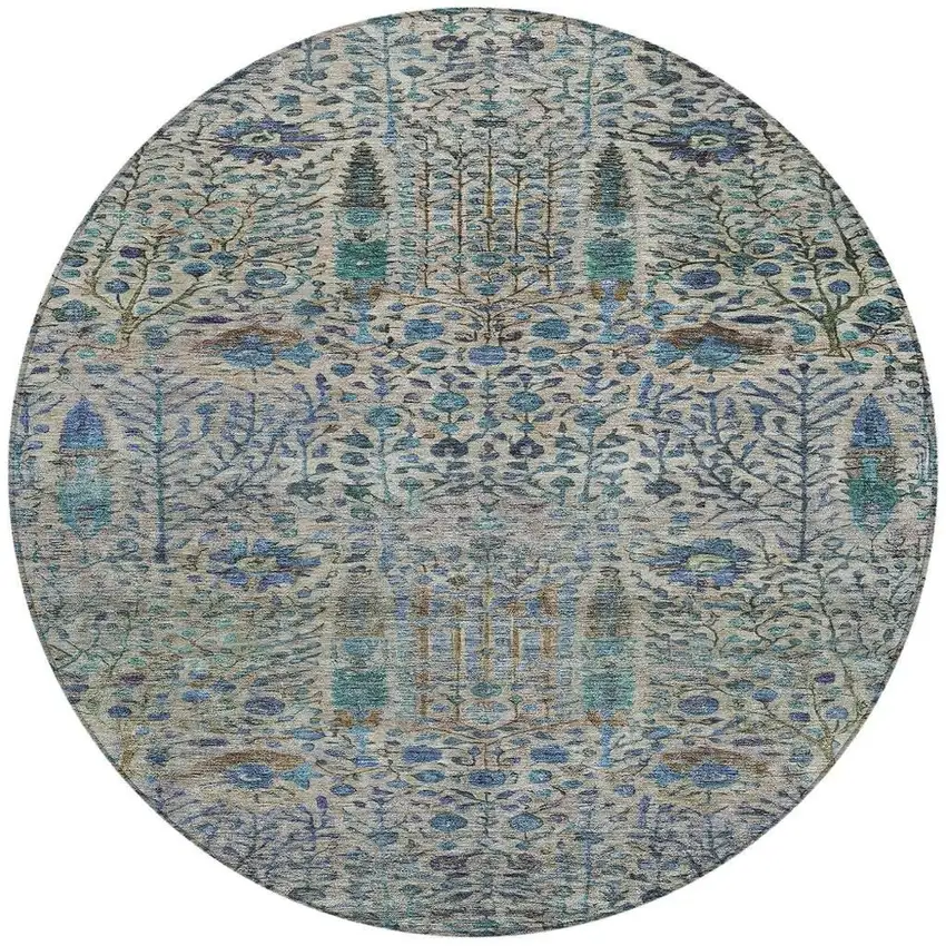 8' Brown And Teal Blue Round Floral Washable Indoor Outdoor Area Rug Photo 3