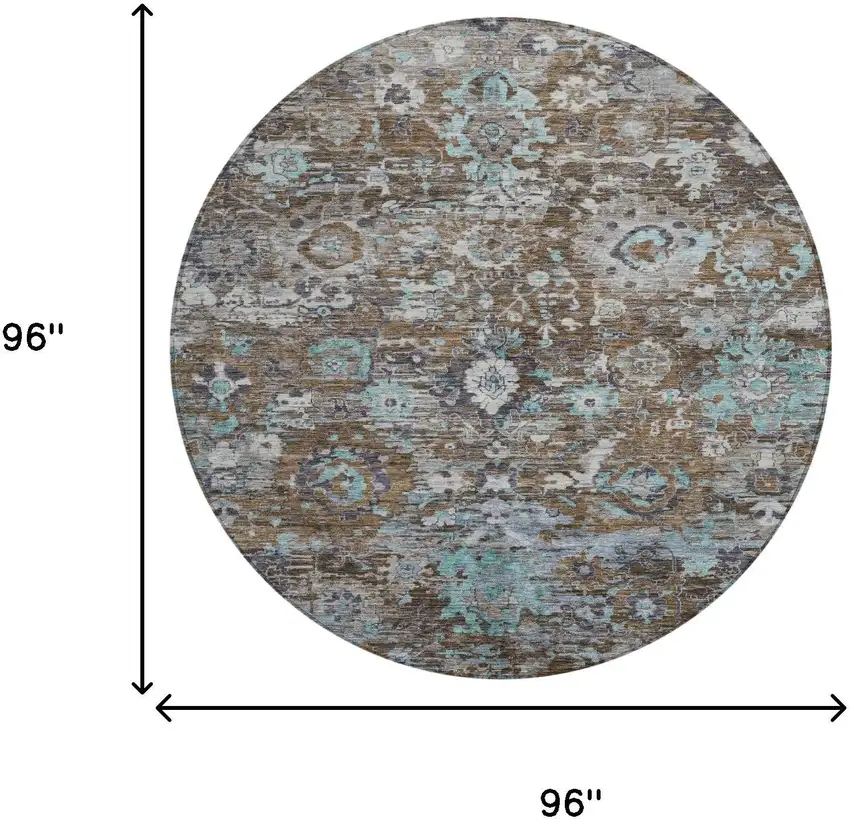 8' Brown And Teal Blue Round Floral Washable Indoor Outdoor Area Rug Photo 8