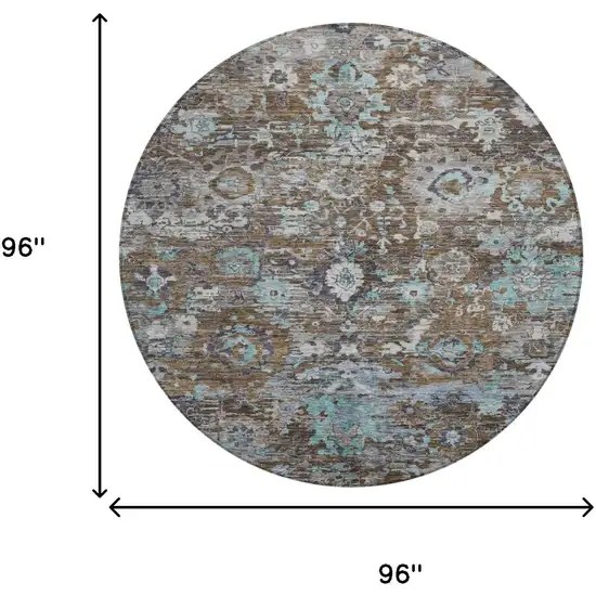8' Brown And Teal Blue Round Floral Washable Indoor Outdoor Area Rug Photo 8