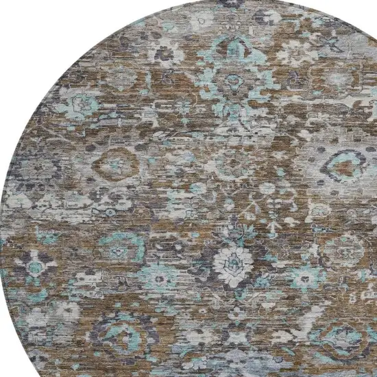 8' Brown And Teal Blue Round Floral Washable Indoor Outdoor Area Rug Photo 2