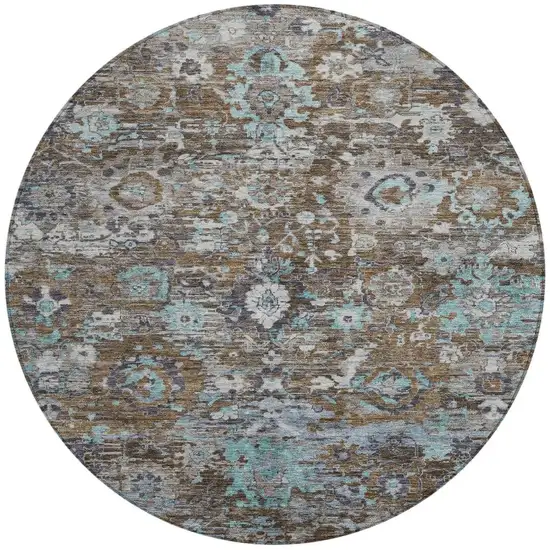 8' Brown And Teal Blue Round Floral Washable Indoor Outdoor Area Rug Photo 3
