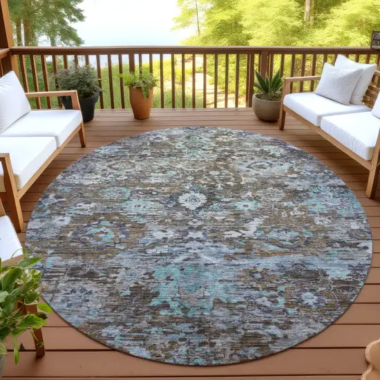 8' Brown And Teal Blue Round Floral Washable Indoor Outdoor Area Rug Photo 4
