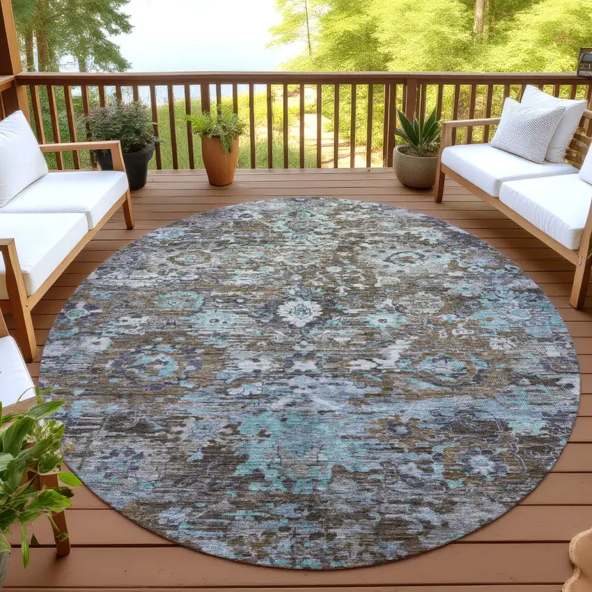 8' Brown And Teal Blue Round Floral Washable Indoor Outdoor Area Rug Photo 4