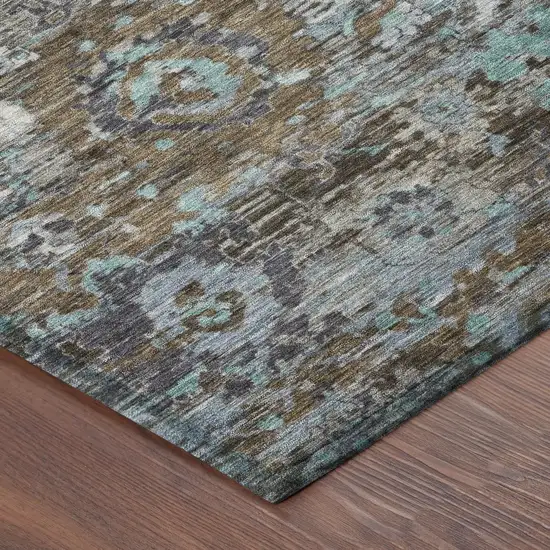 8' Brown And Teal Blue Round Floral Washable Indoor Outdoor Area Rug Photo 6