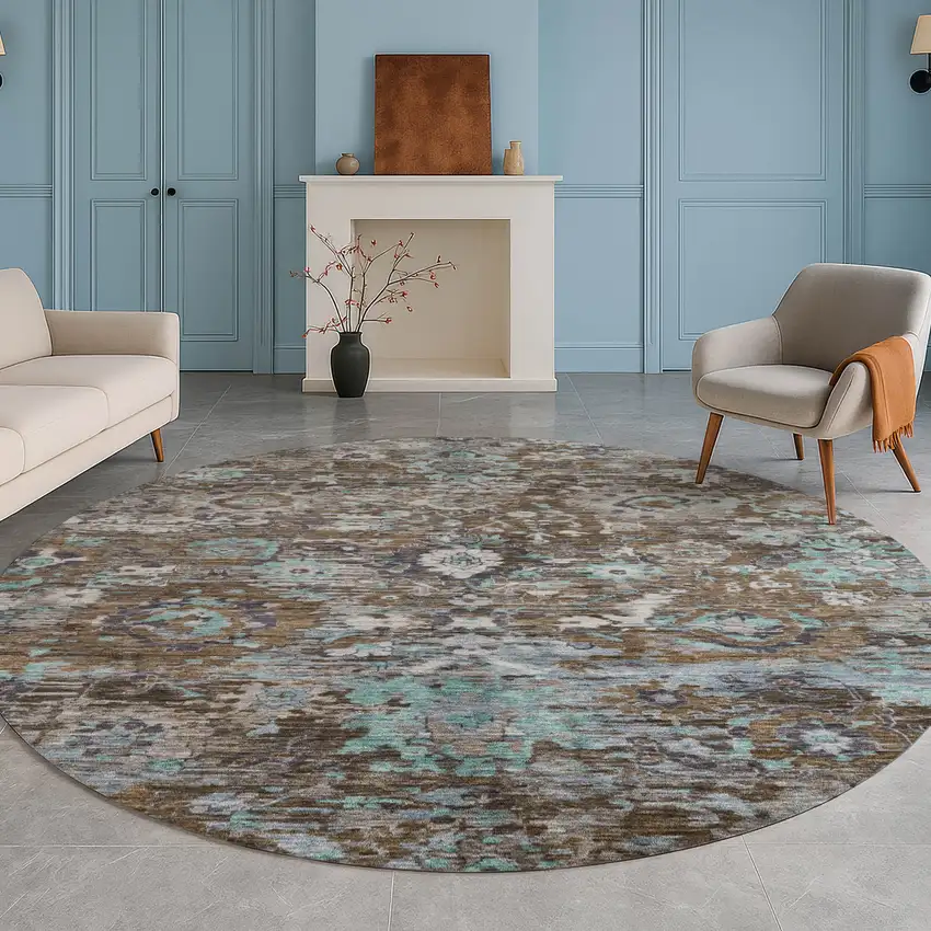 8' Brown And Teal Blue Round Floral Washable Indoor Outdoor Area Rug Photo 5