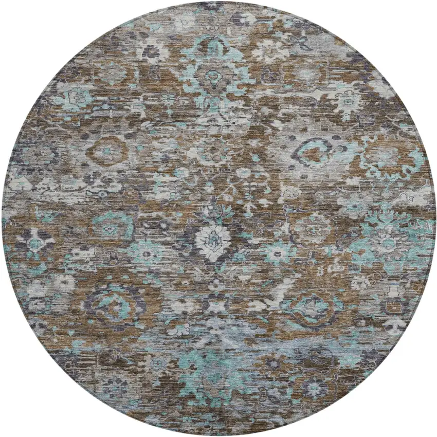8' Brown And Teal Blue Round Floral Washable Indoor Outdoor Area Rug Photo 1