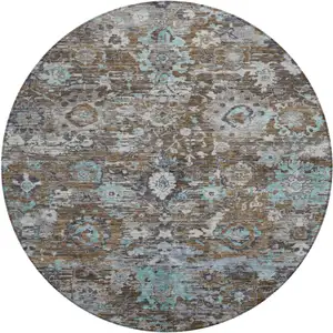 Photo of 8' Brown And Teal Blue Round Floral Washable Indoor Outdoor Area Rug