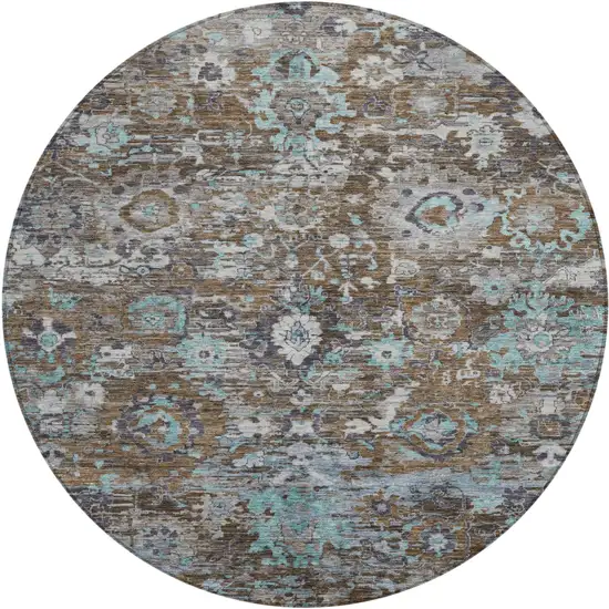 8' Brown And Teal Blue Round Floral Washable Indoor Outdoor Area Rug Photo 1