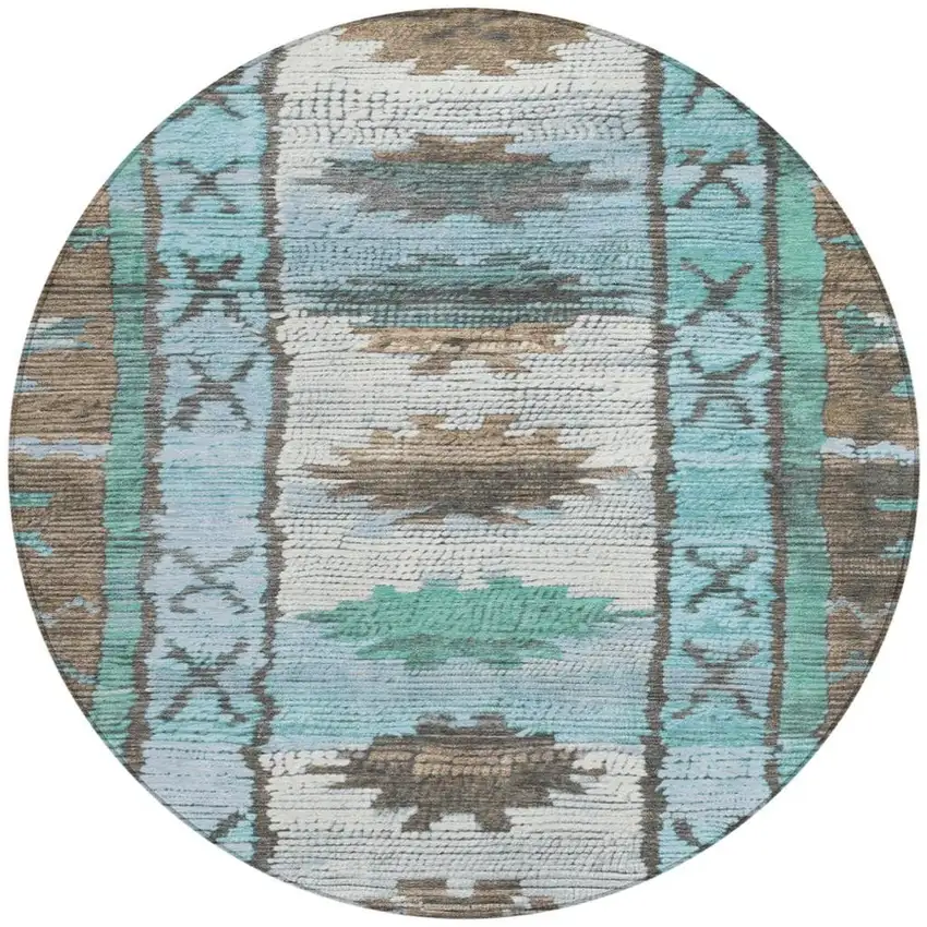 8' Brown And Teal Blue Round Tribal Washable Indoor Outdoor Area Rug Photo 3