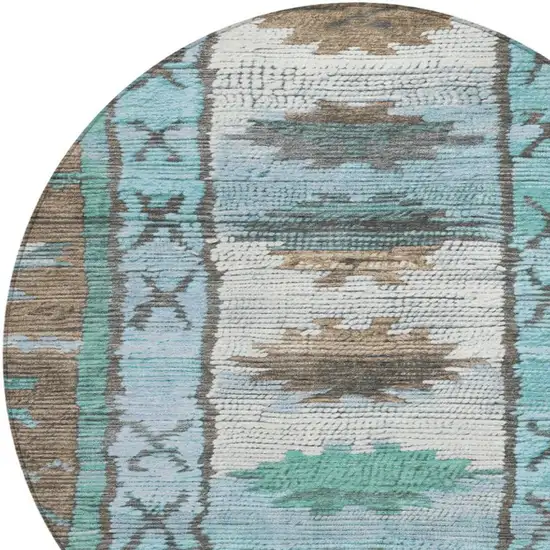 8' Brown And Teal Blue Round Tribal Washable Indoor Outdoor Area Rug Photo 8