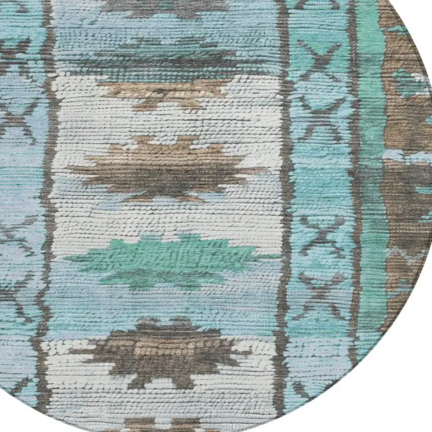 8' Brown And Teal Blue Round Tribal Washable Indoor Outdoor Area Rug Photo 4